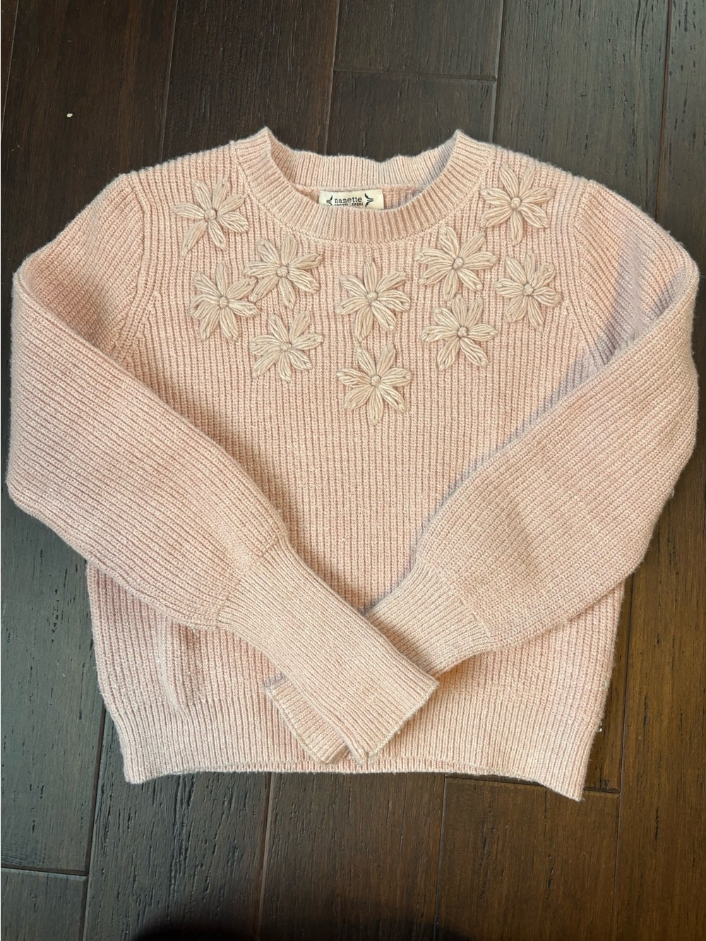 Nanette Lepore Pale Pink Floral Applique Crewneck Sweater